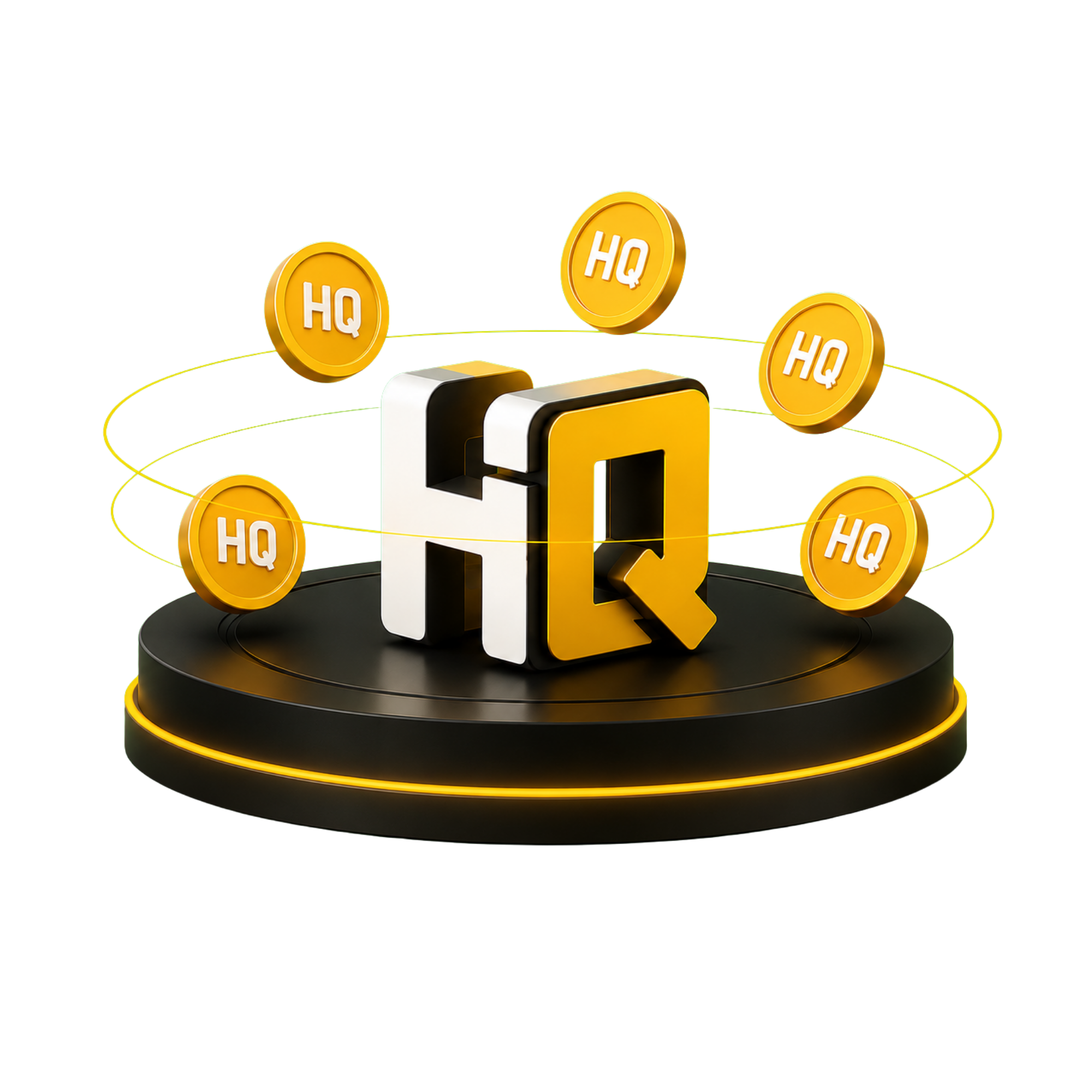 LootHQ coins orbiting the HQ mark on a lit pedestal